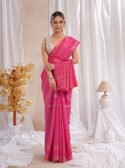 Rani Pink Dola Silk Saree With Zari Borders)