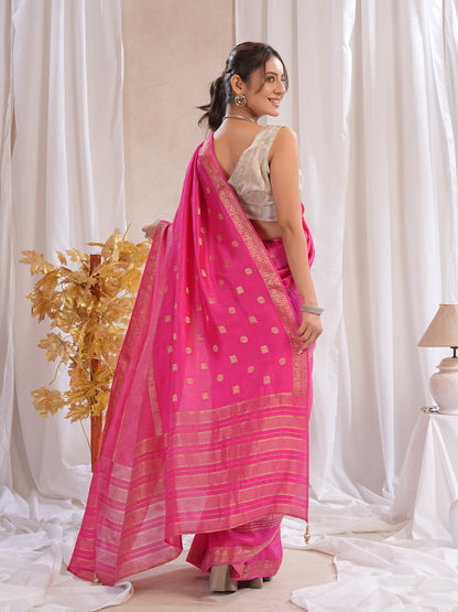 Rani Pink Dola Silk Saree With Zari Borders)