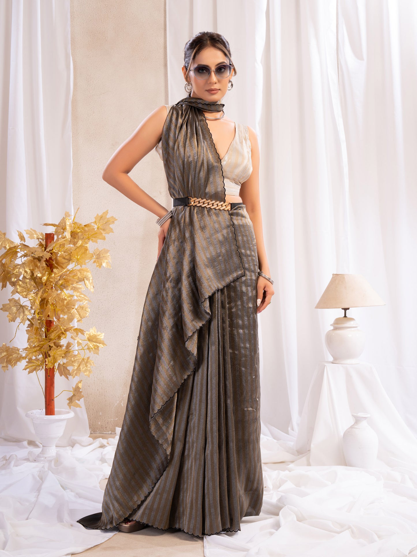 Black Tissue Silk Saree With Zari Borders