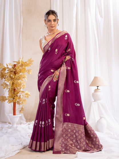 Wine Dola Silk Saree With Zari Borders