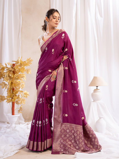 Wine Dola Silk Saree With Zari Borders