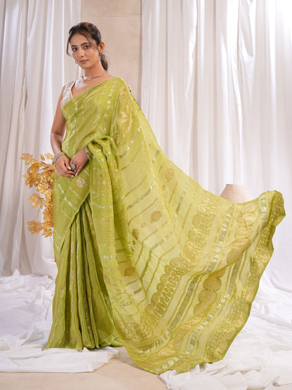 Green Katan Silk Saree With Zari Borders