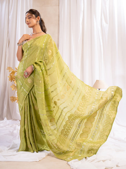 Green Katan Silk Saree With Zari Borders