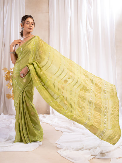 Green Katan Silk Saree With Zari Borders