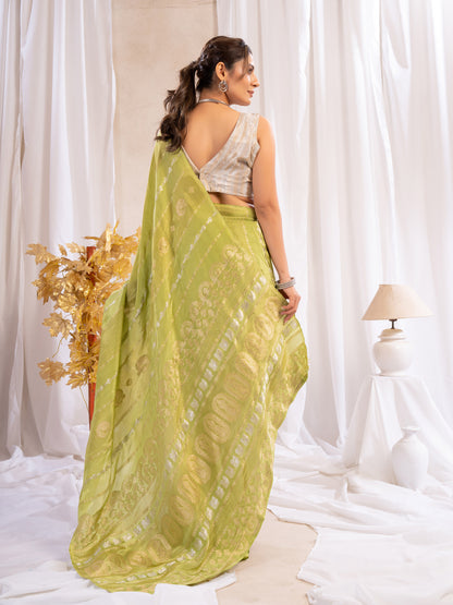 Green Katan Silk Saree With Zari Borders