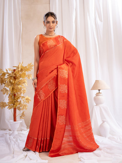 Orange  Dola Silk Saree With Zari Borders