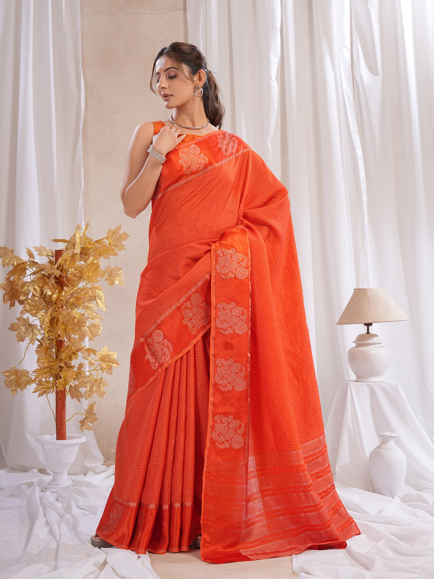 Orange  Dola Silk Saree With Zari Borders