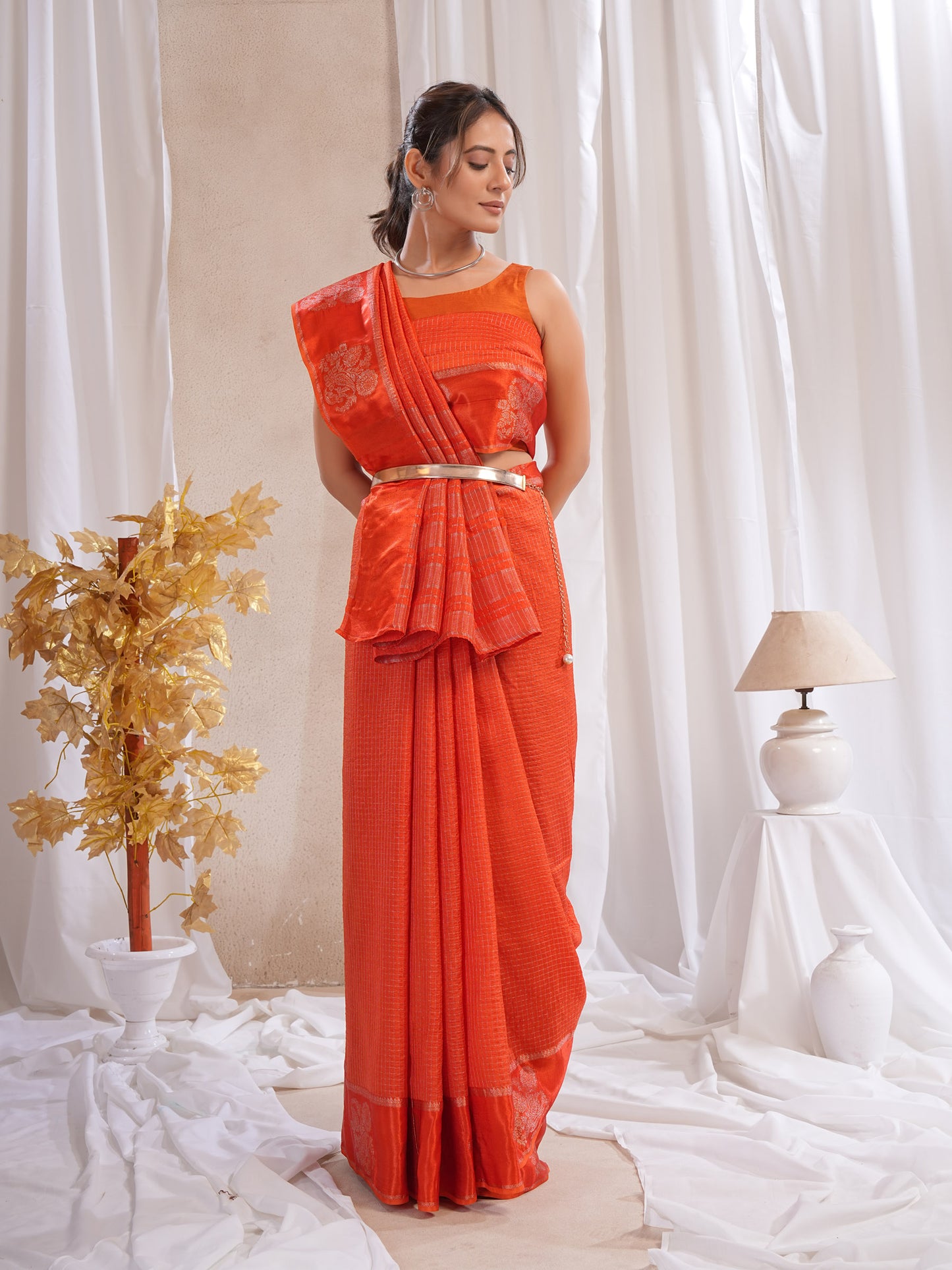 Orange  Dola Silk Saree With Zari Borders