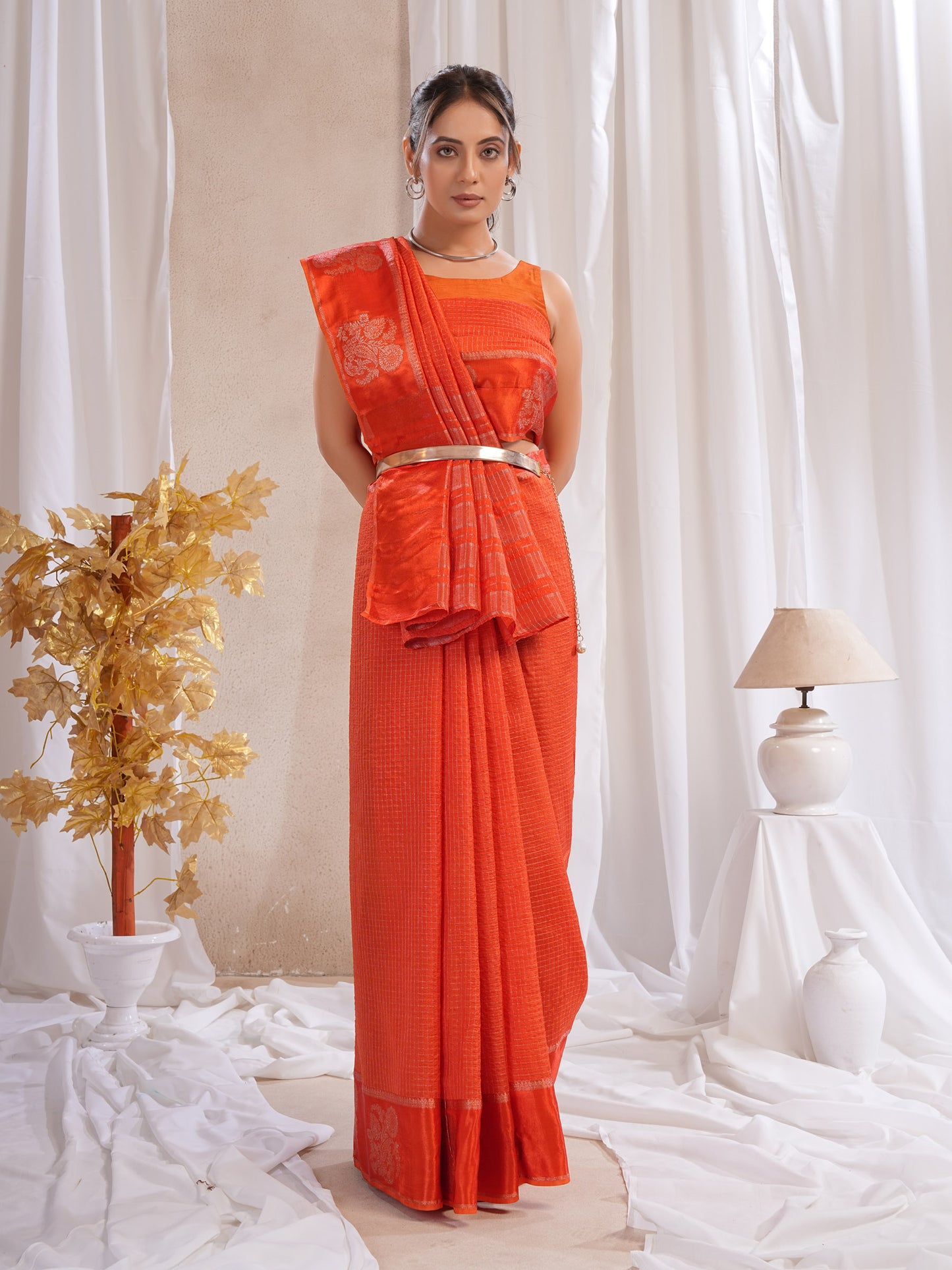 Orange  Dola Silk Saree With Zari Borders