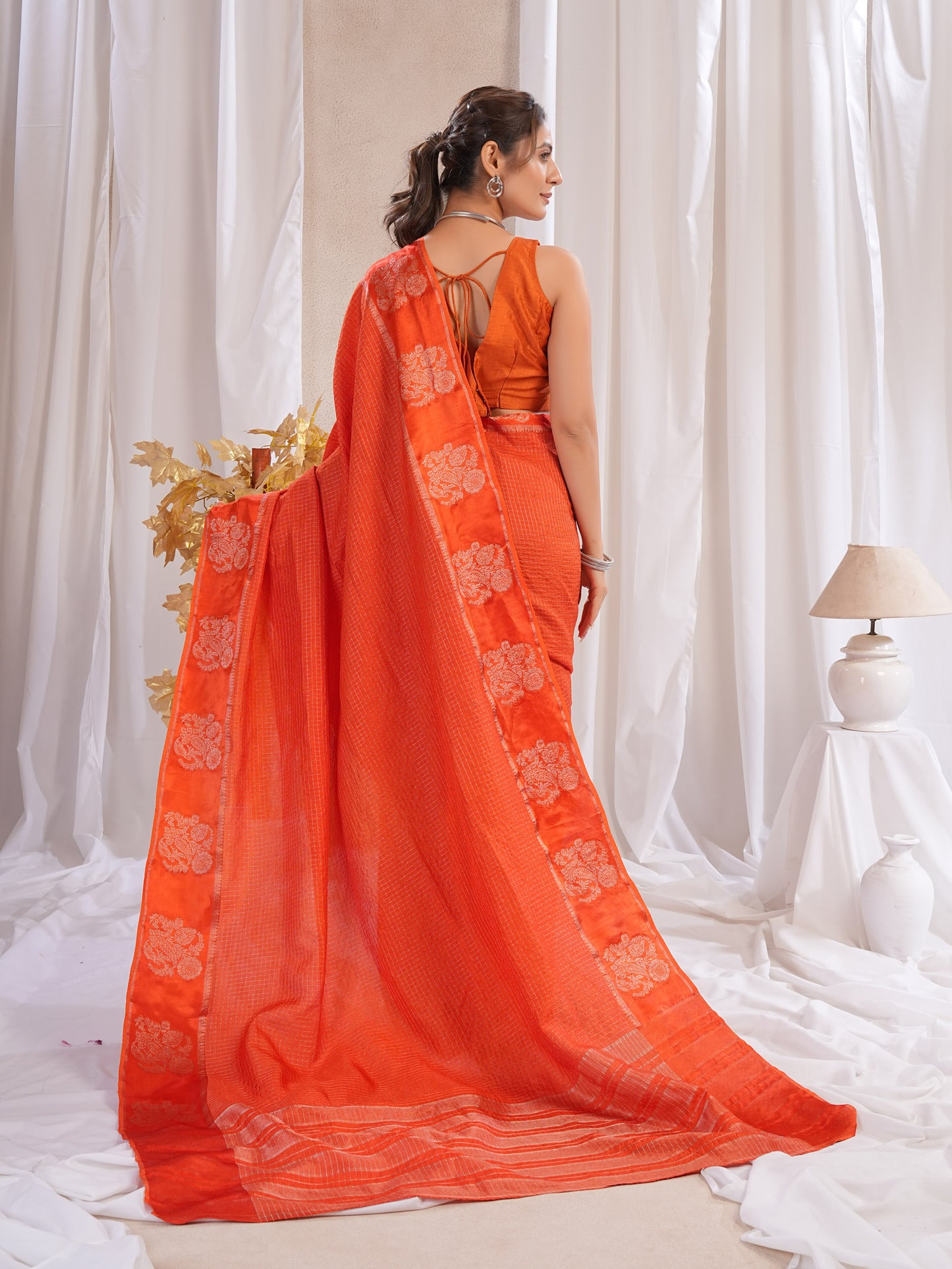 Orange  Dola Silk Saree With Zari Borders