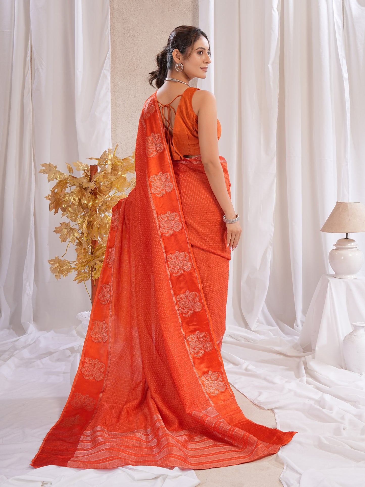 Orange  Dola Silk Saree With Zari Borders