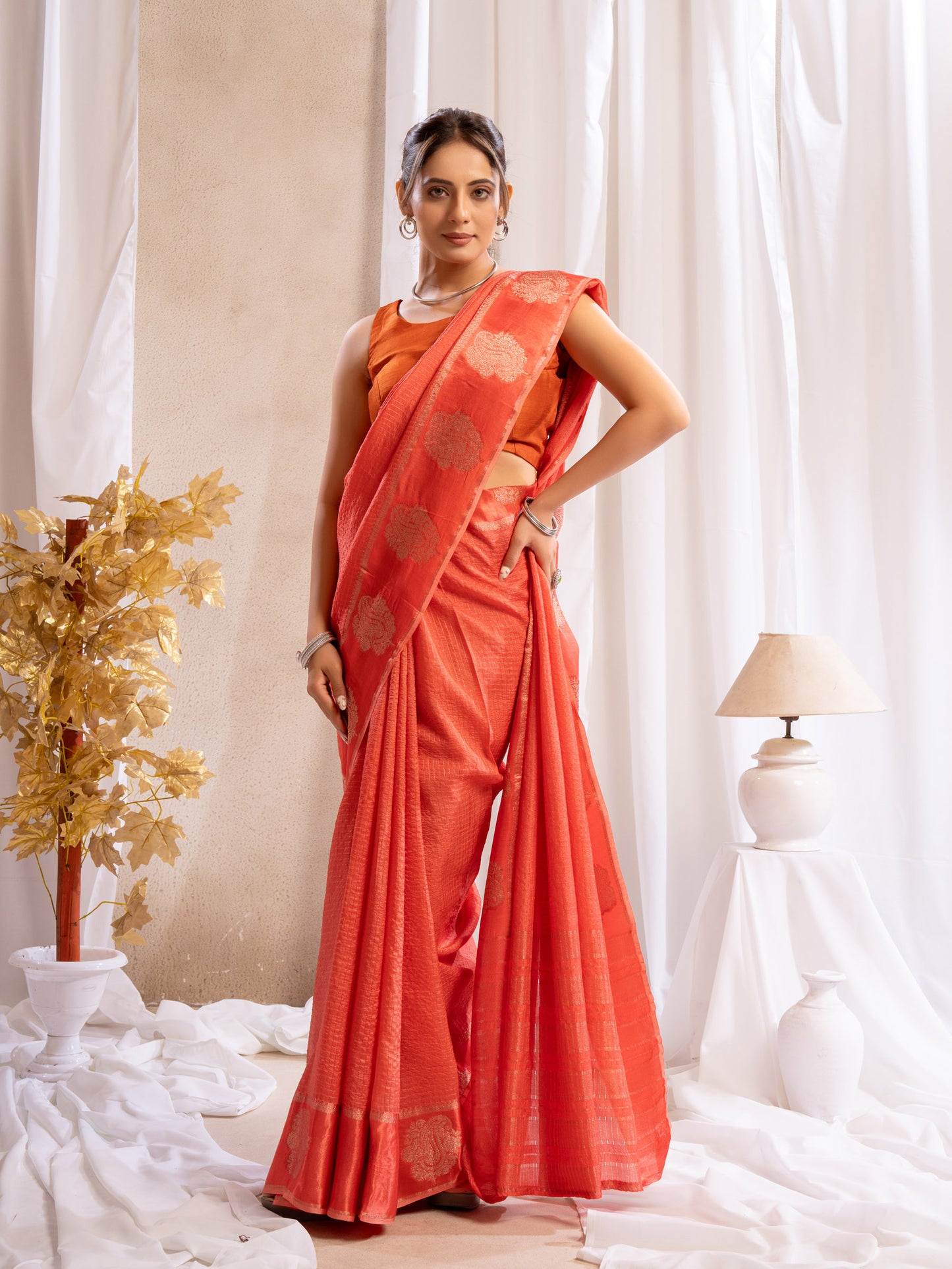 Orange  Dola Silk Saree With Zari Borders