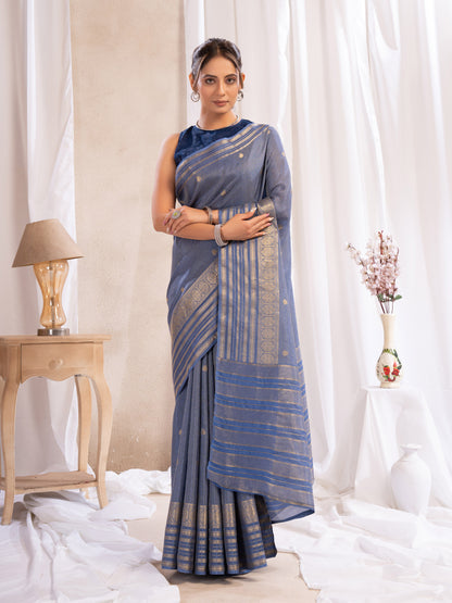 Blue Dola Silk Saree With Zari Borders