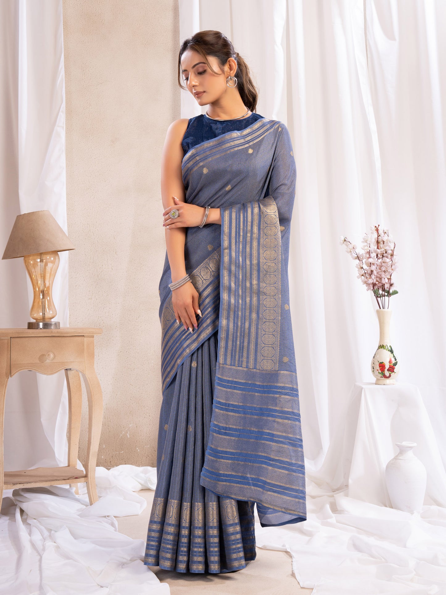 Blue Dola Silk Saree With Zari Borders