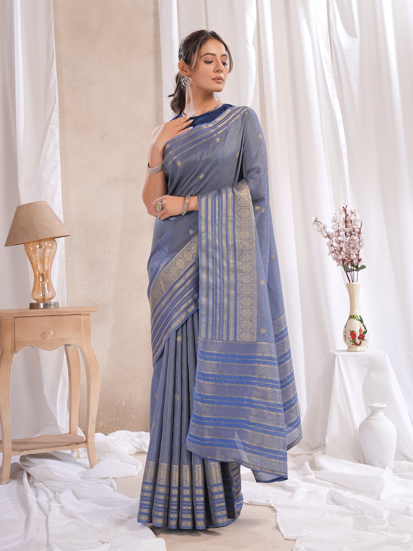 Blue Dola Silk Saree With Zari Borders