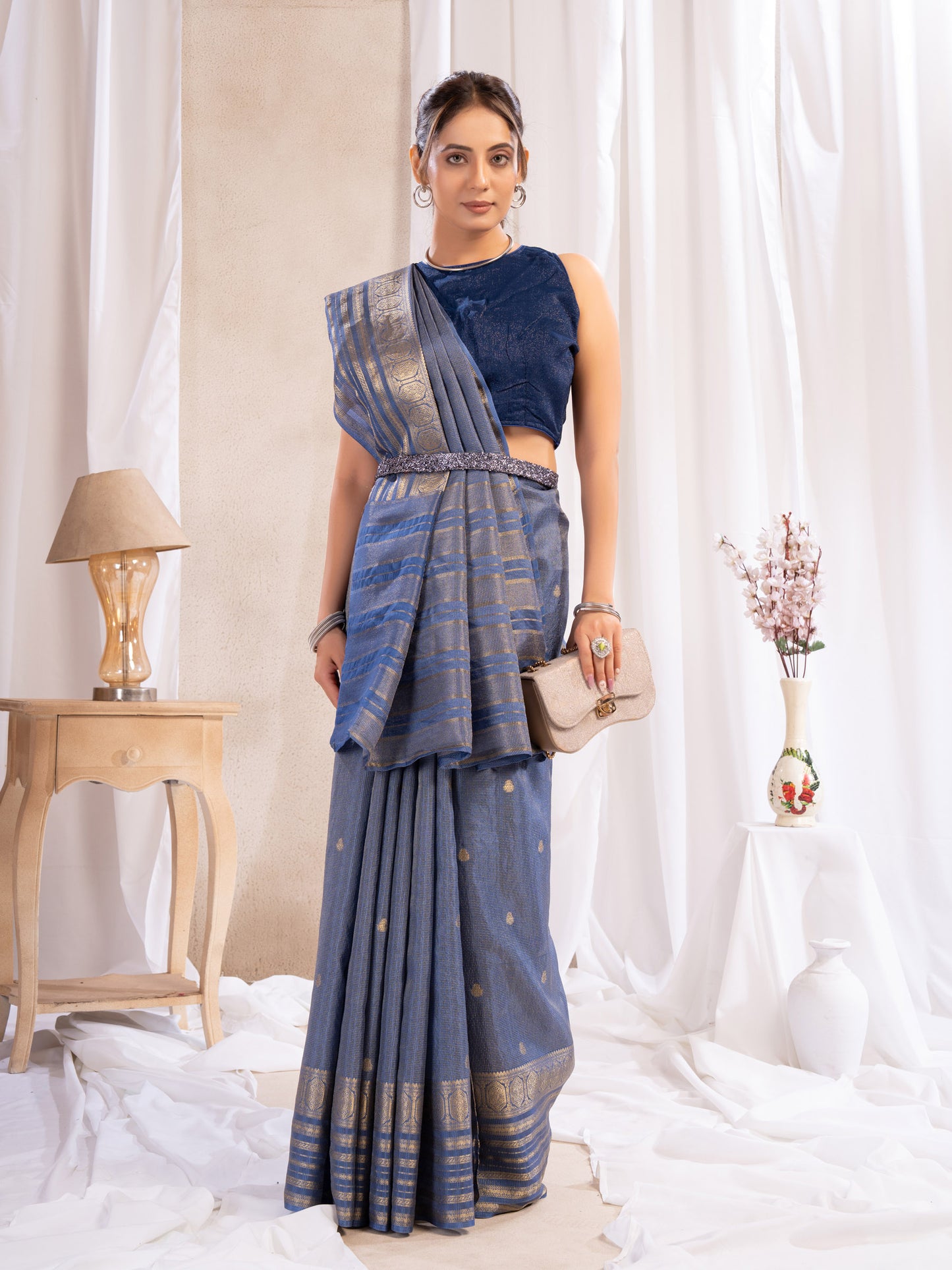Blue Dola Silk Saree With Zari Borders