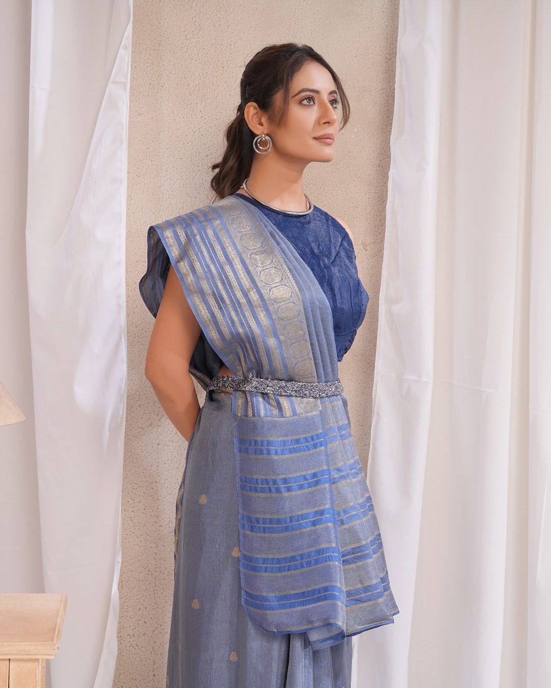 Blue Dola Silk Saree With Zari Borders