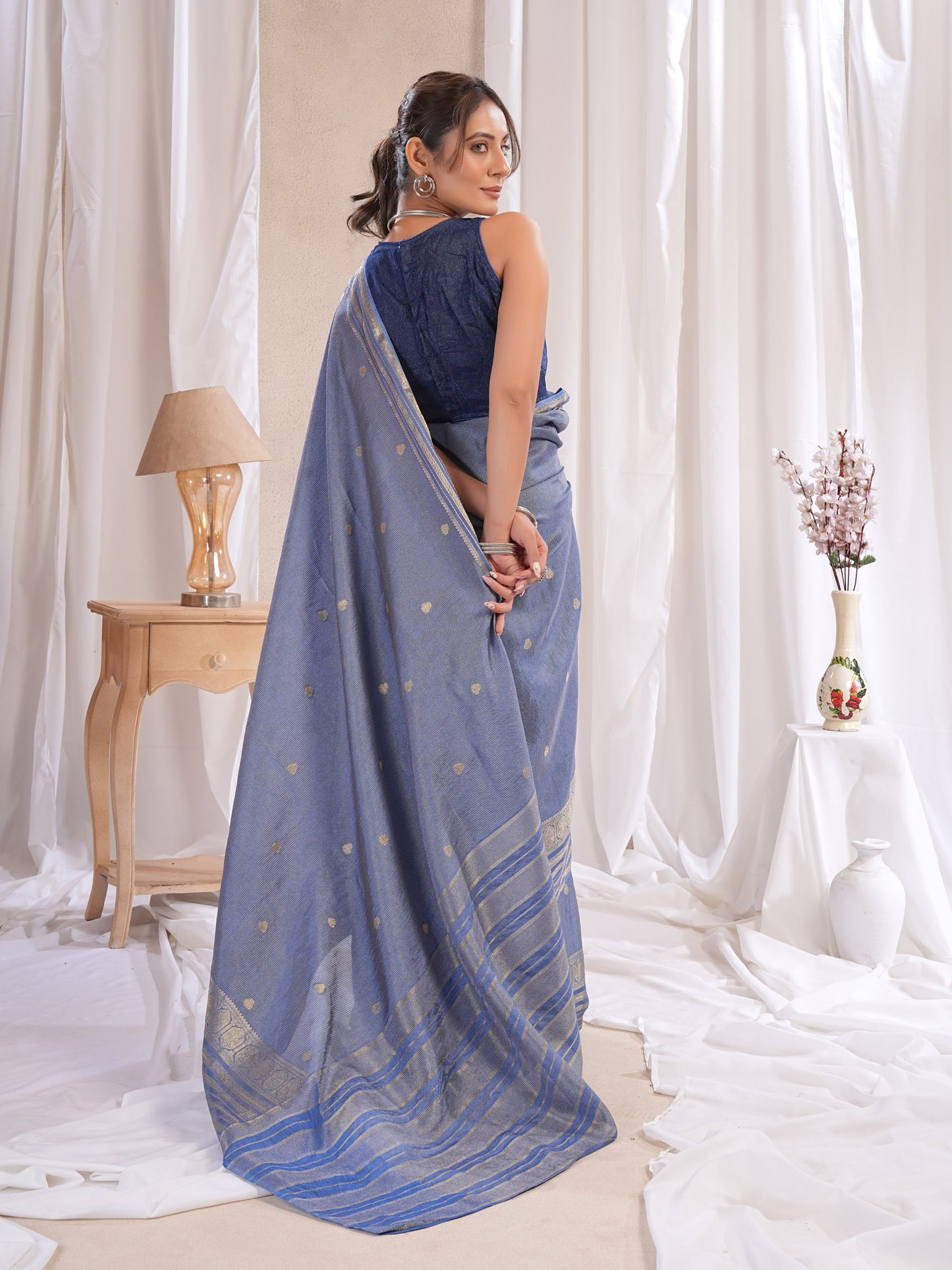 Blue Dola Silk Saree With Zari Borders