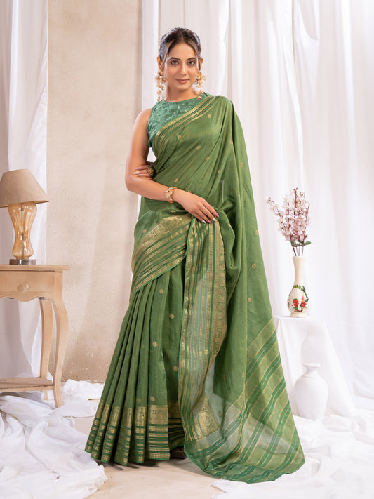 Green Dola Silk Saree With Zari Borders