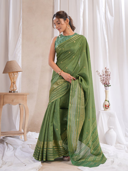 Green Dola Silk Saree With Zari Borders