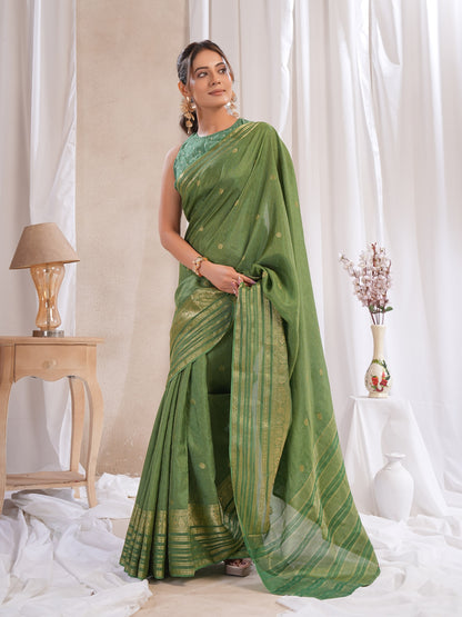 Green Dola Silk Saree With Zari Borders