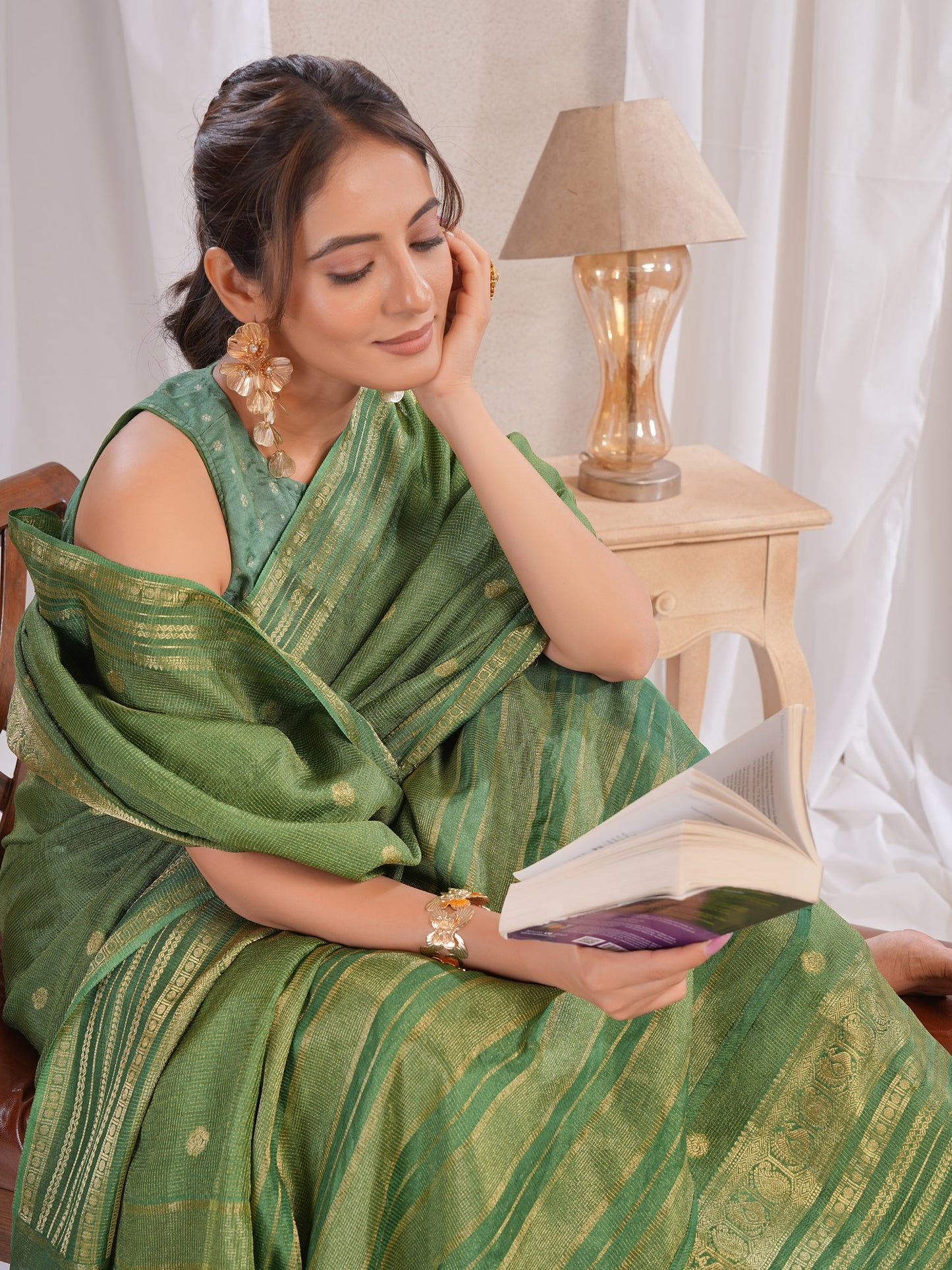 Green Dola Silk Saree With Zari Borders