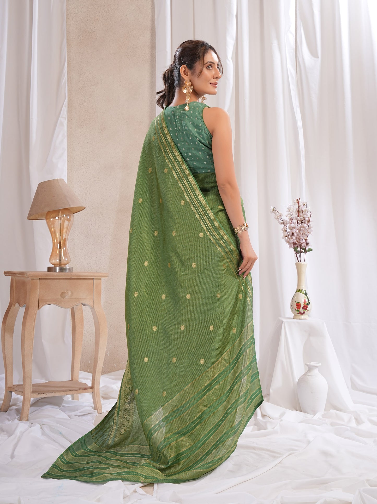 Green Dola Silk Saree With Zari Borders