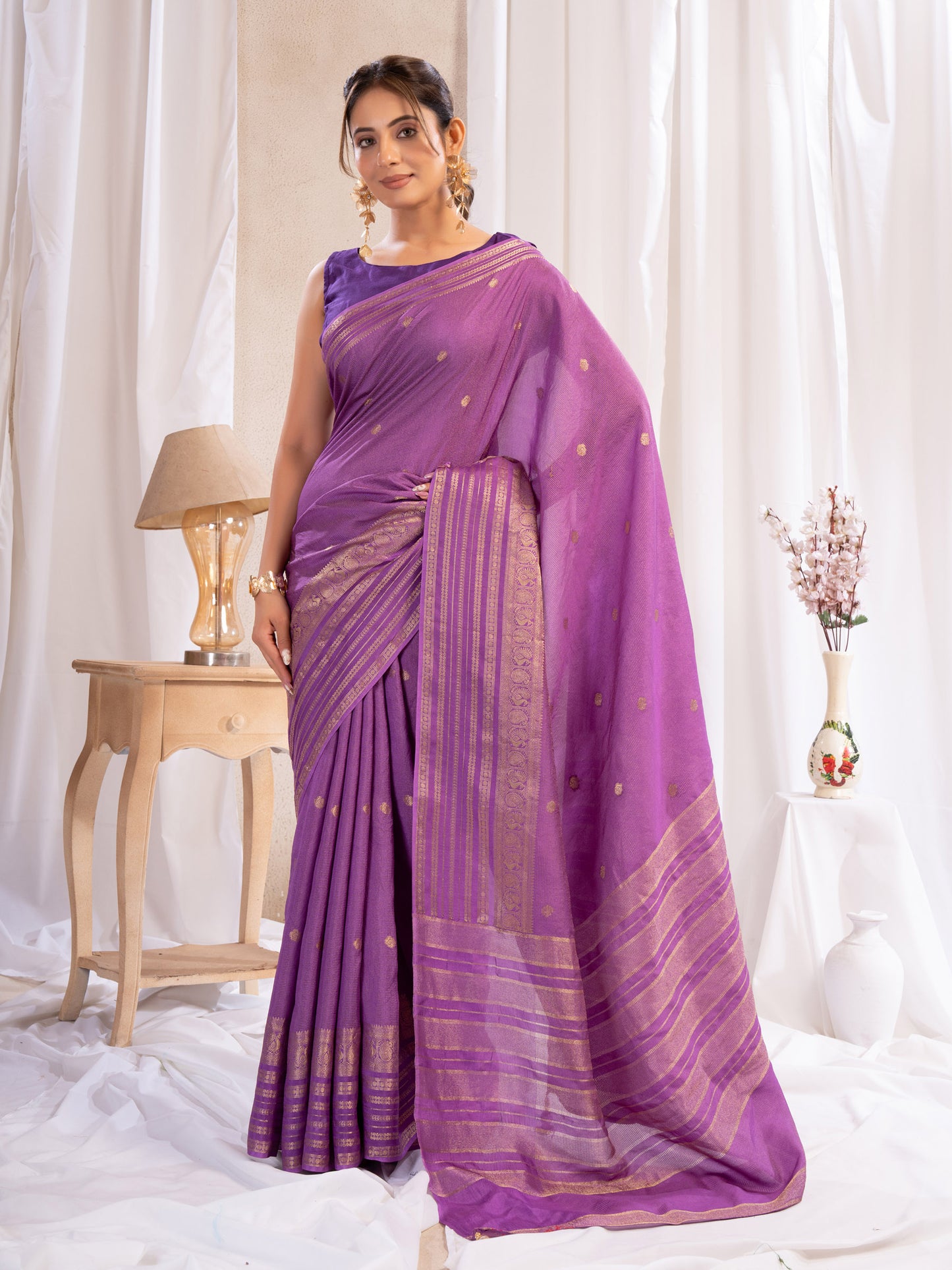 Purple Dola Silk Saree With Zari Borders