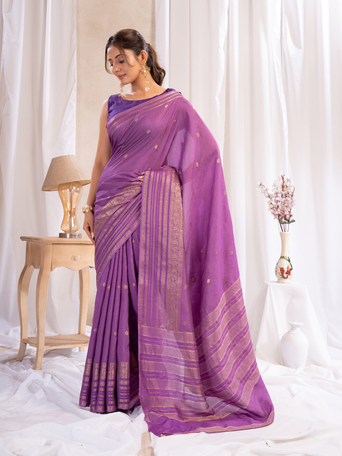 Purple Dola Silk Saree With Zari Borders