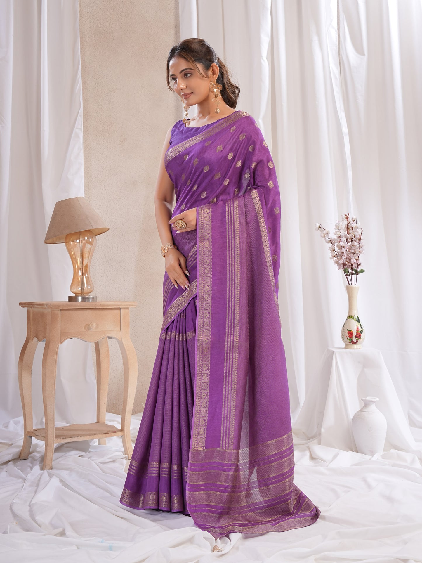 Purple Dola Silk Saree With Zari Borders