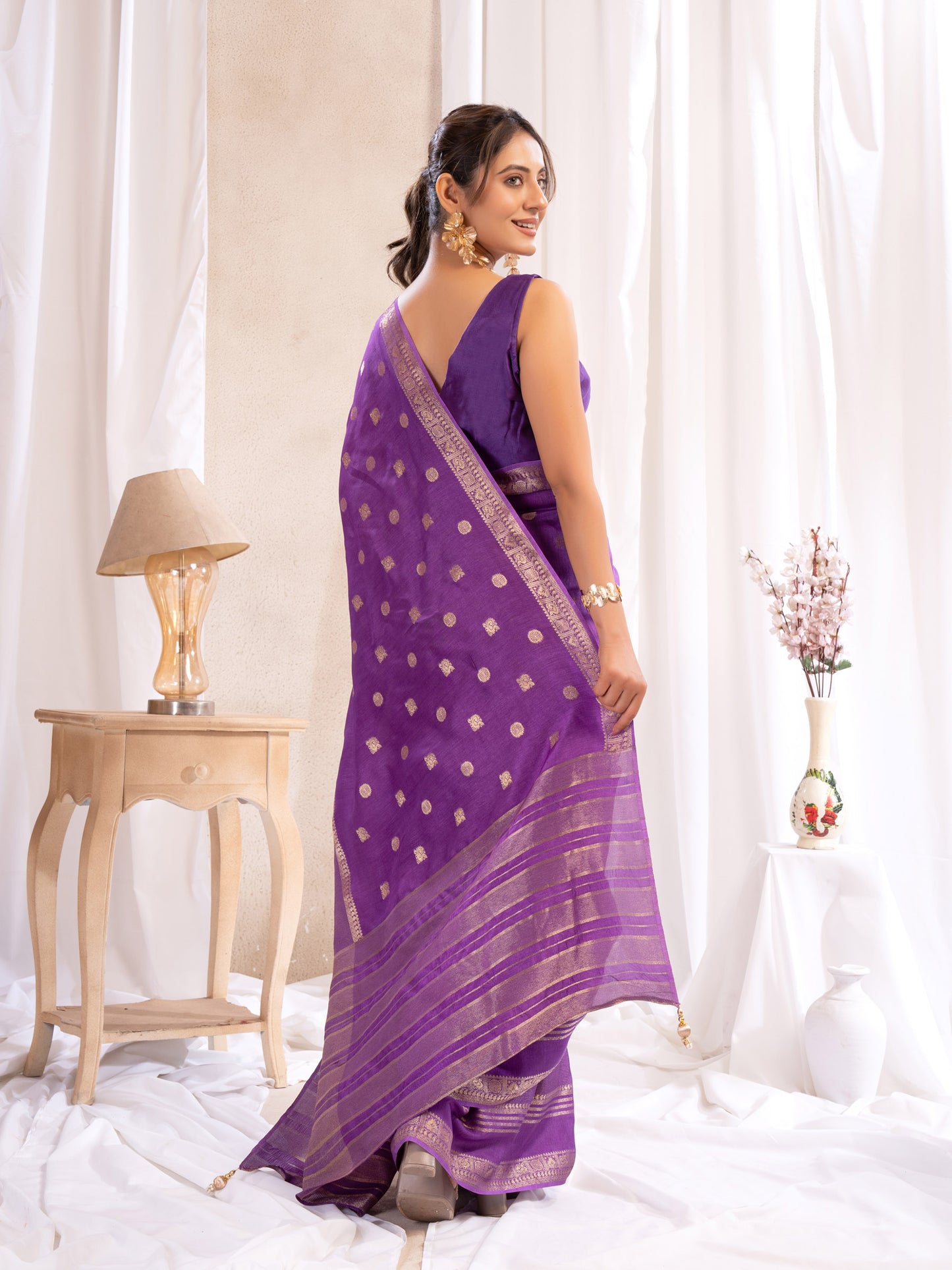 Purple Dola Silk Saree With Zari Borders