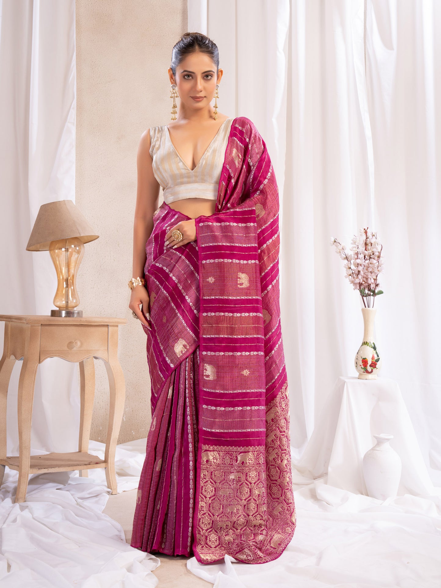 Wine Tissue Silk Saree With Zari Borders