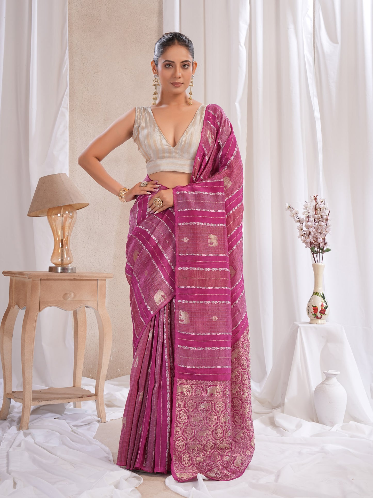 Wine Tissue Silk Saree With Zari Borders