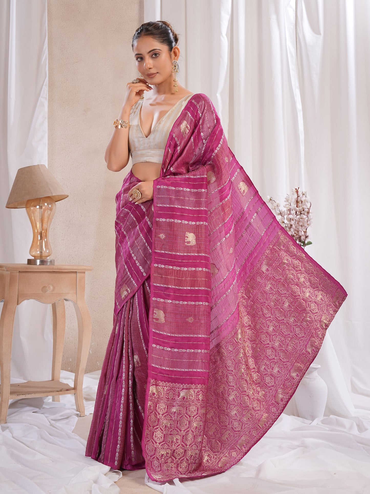 Wine Tissue Silk Saree With Zari Borders