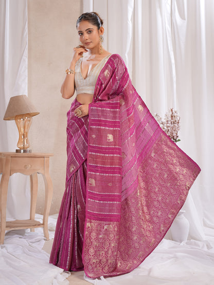 Wine Tissue Silk Saree With Zari Borders