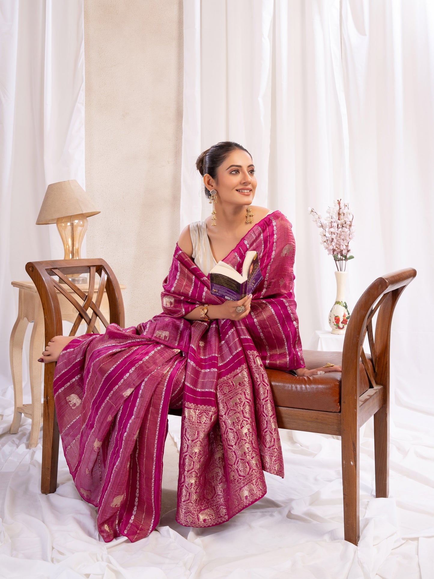 Wine Tissue Silk Saree With Zari Borders