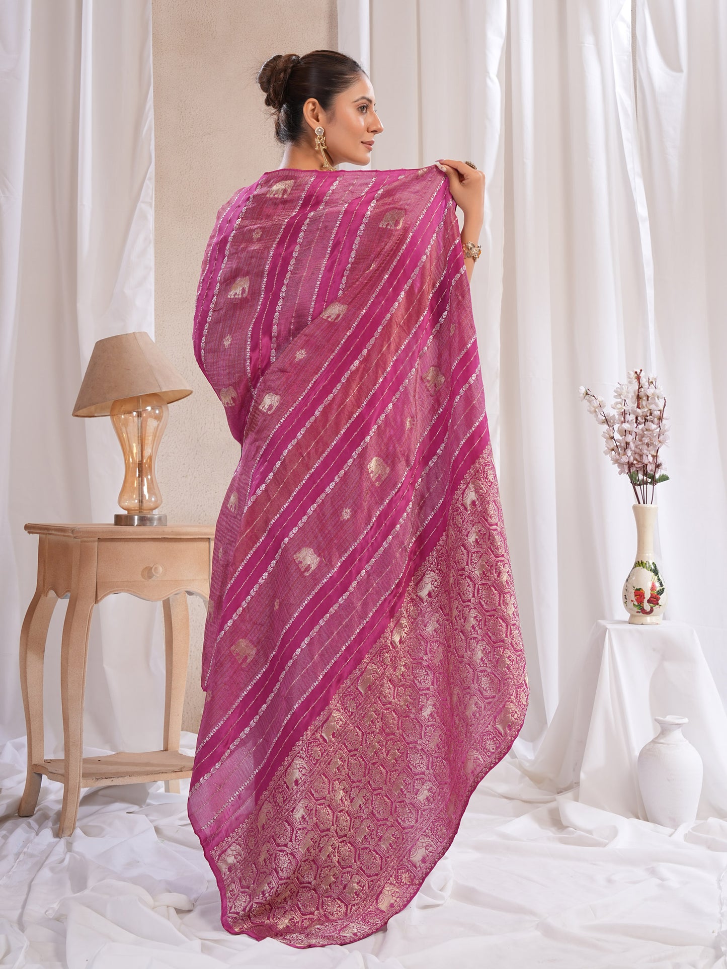 Wine Tissue Silk Saree With Zari Borders