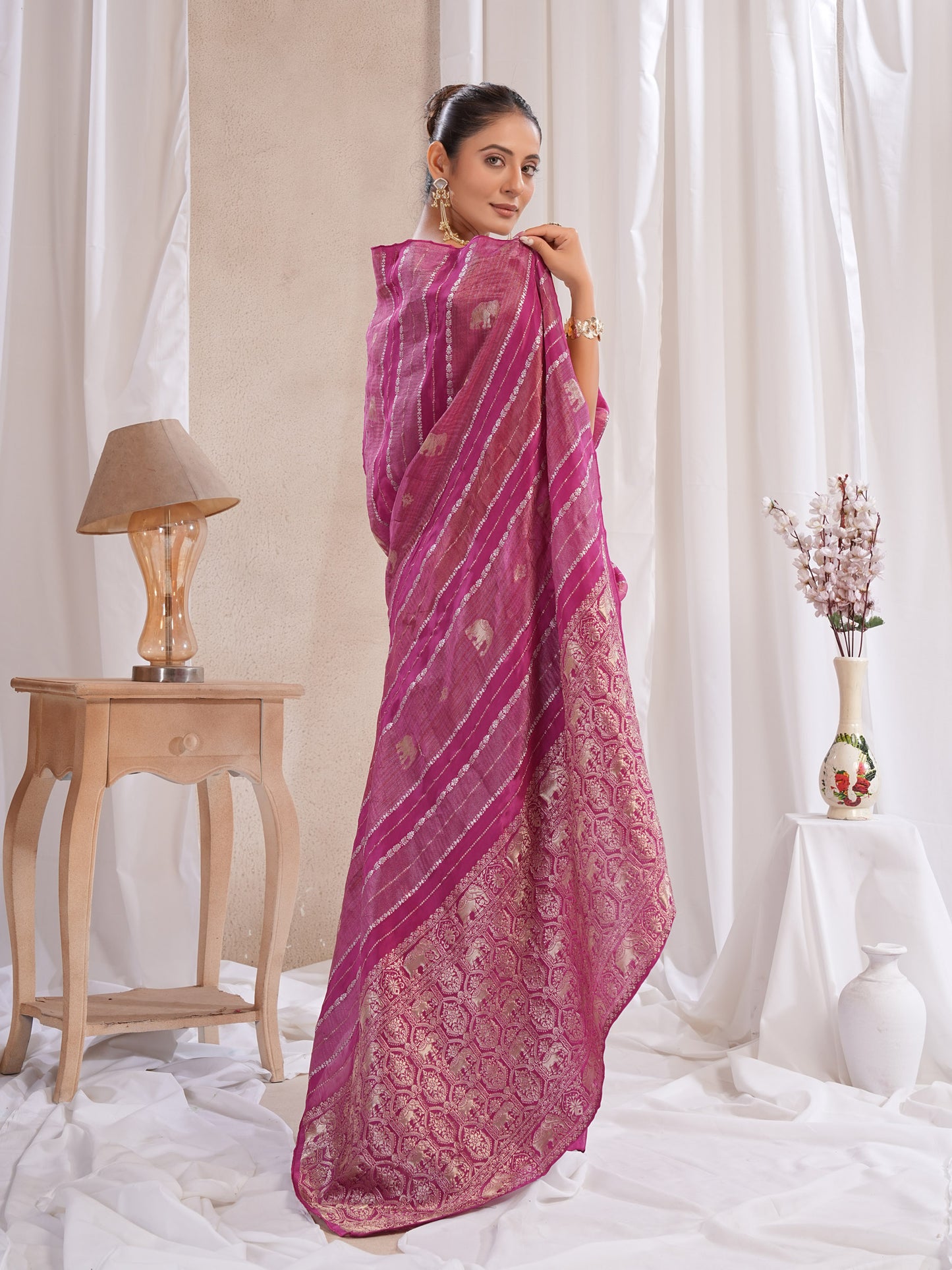 Wine Tissue Silk Saree With Zari Borders