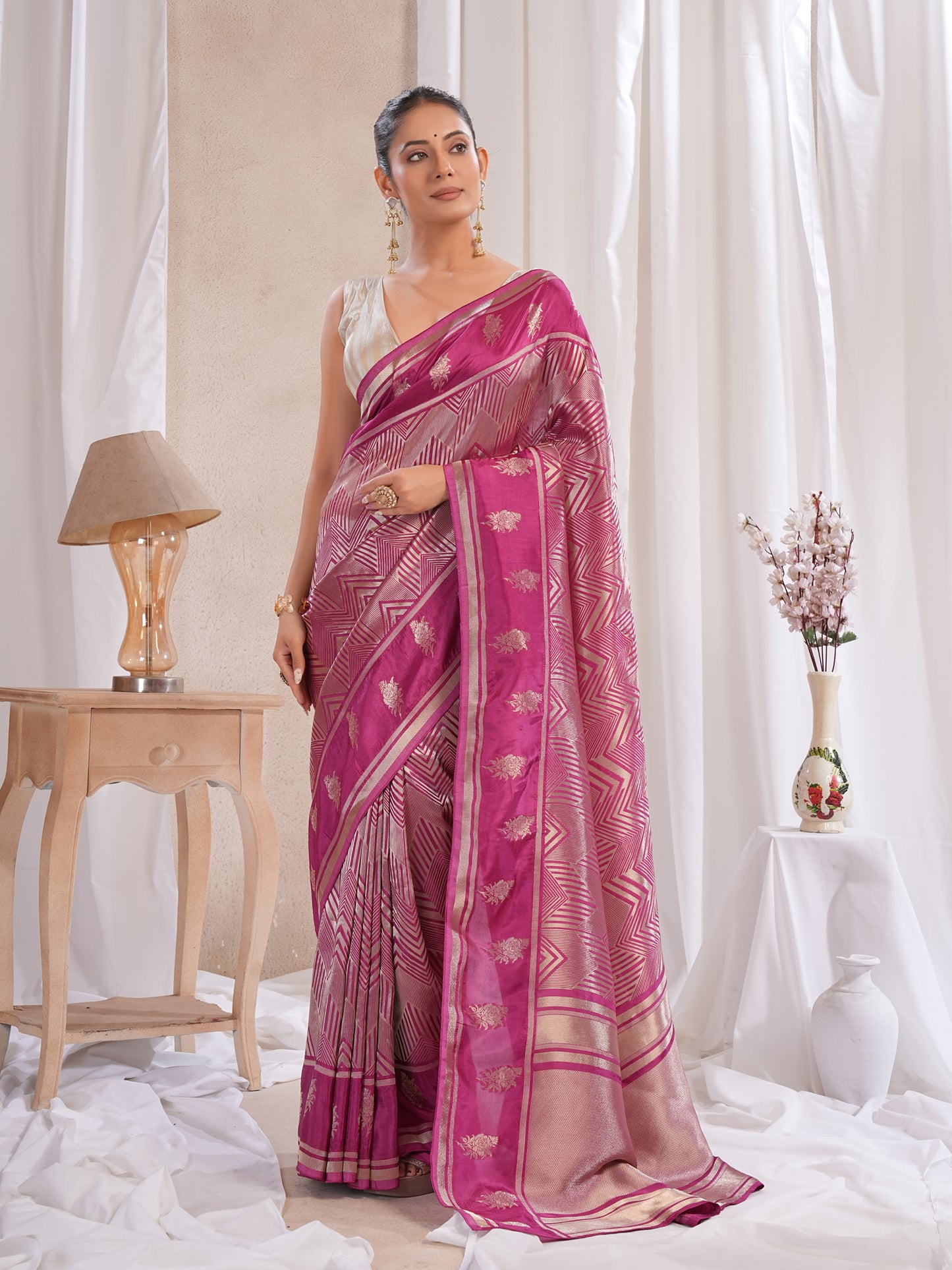 Wine Katan Silk Saree With Zari Borders