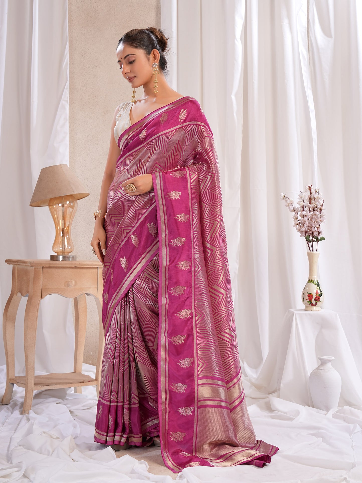Wine Katan Silk Saree With Zari Borders
