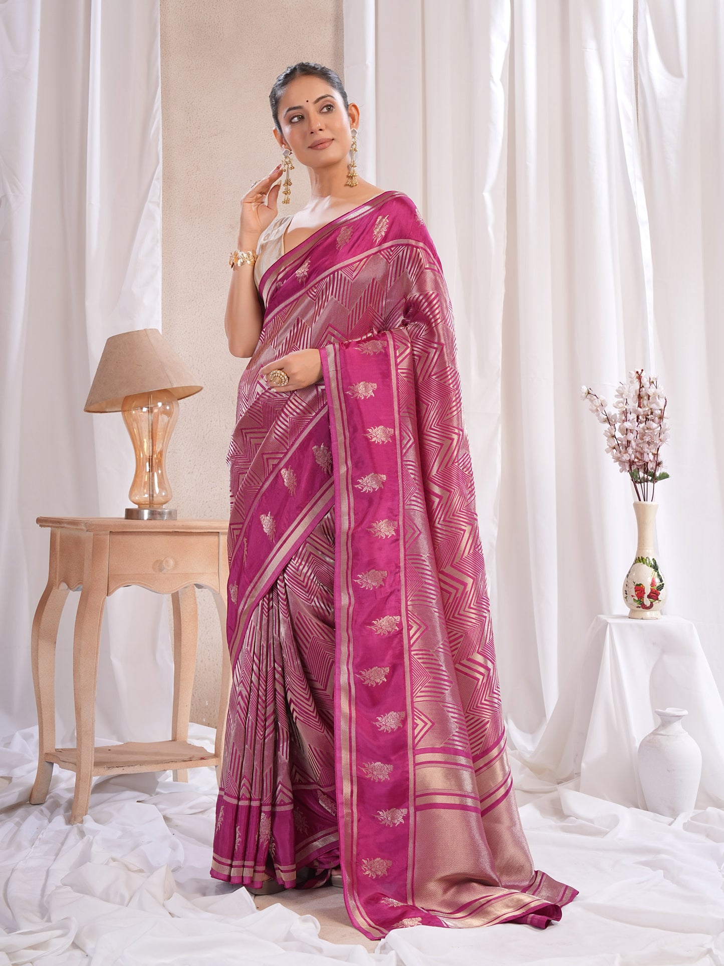Wine Katan Silk Saree With Zari Borders