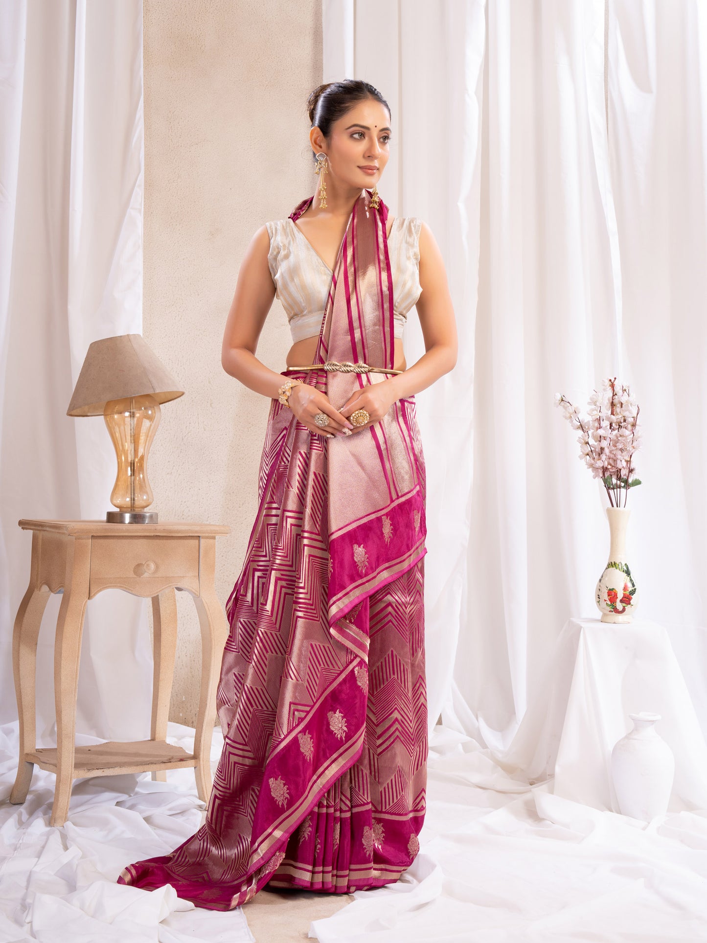 Wine Katan Silk Saree With Zari Borders