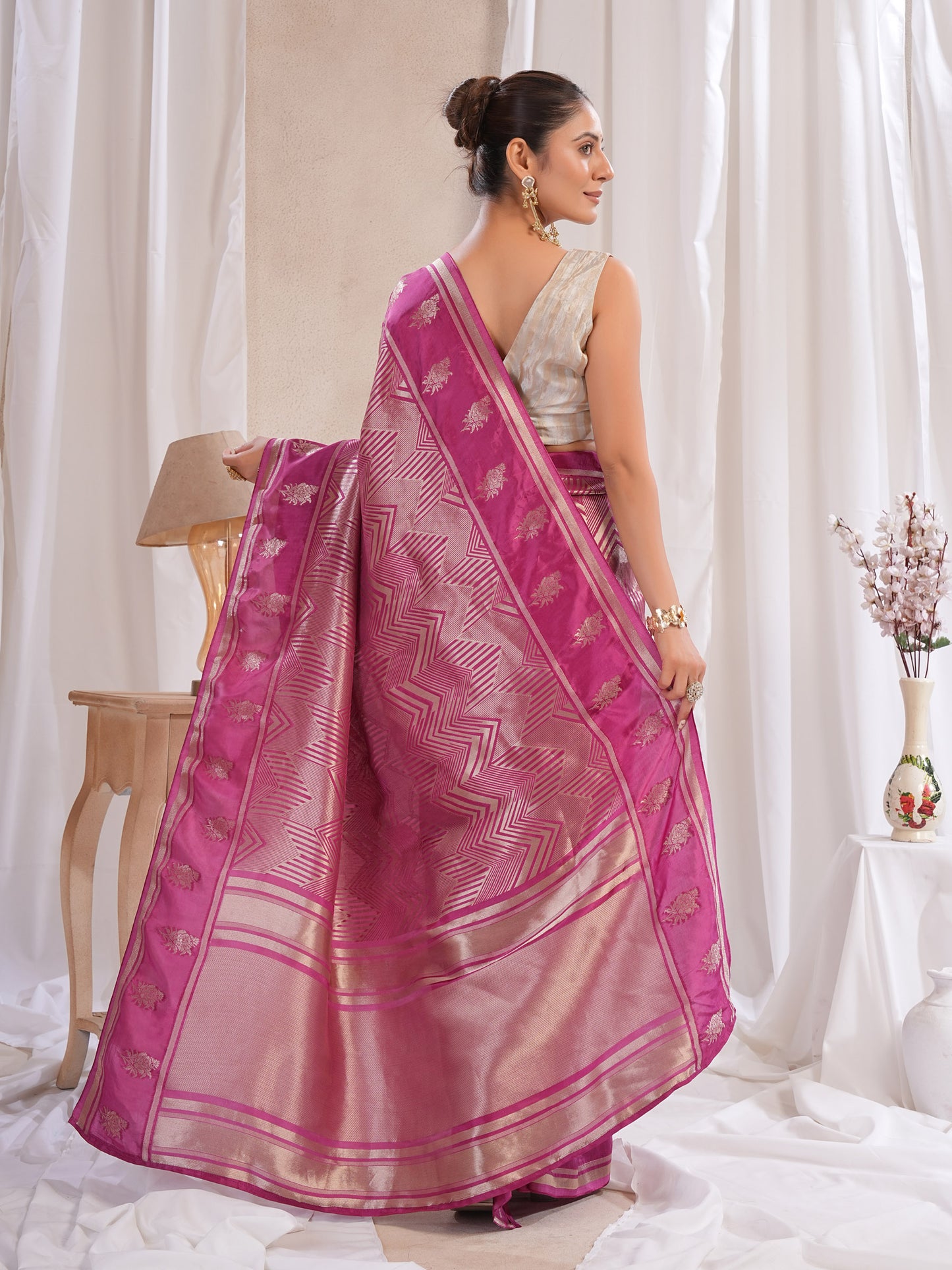 Wine Katan Silk Saree With Zari Borders