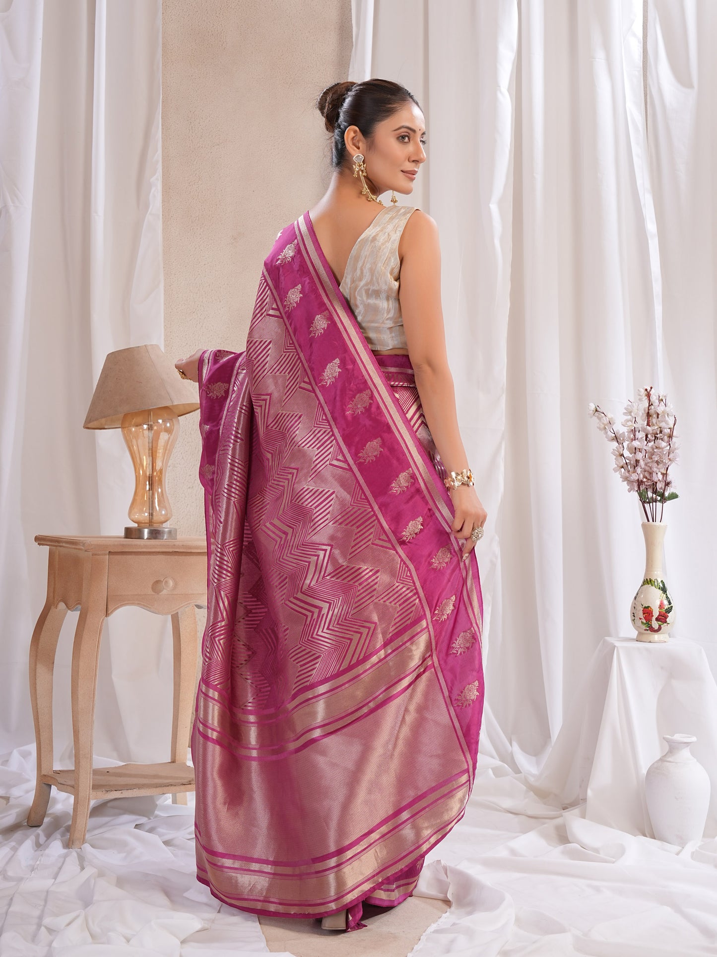 Wine Katan Silk Saree With Zari Borders