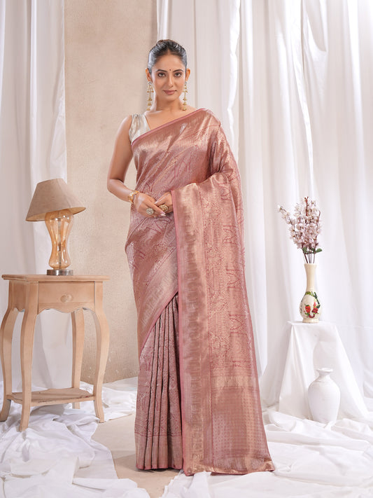 Onion Pink Banarasi Saree With Zari Borders