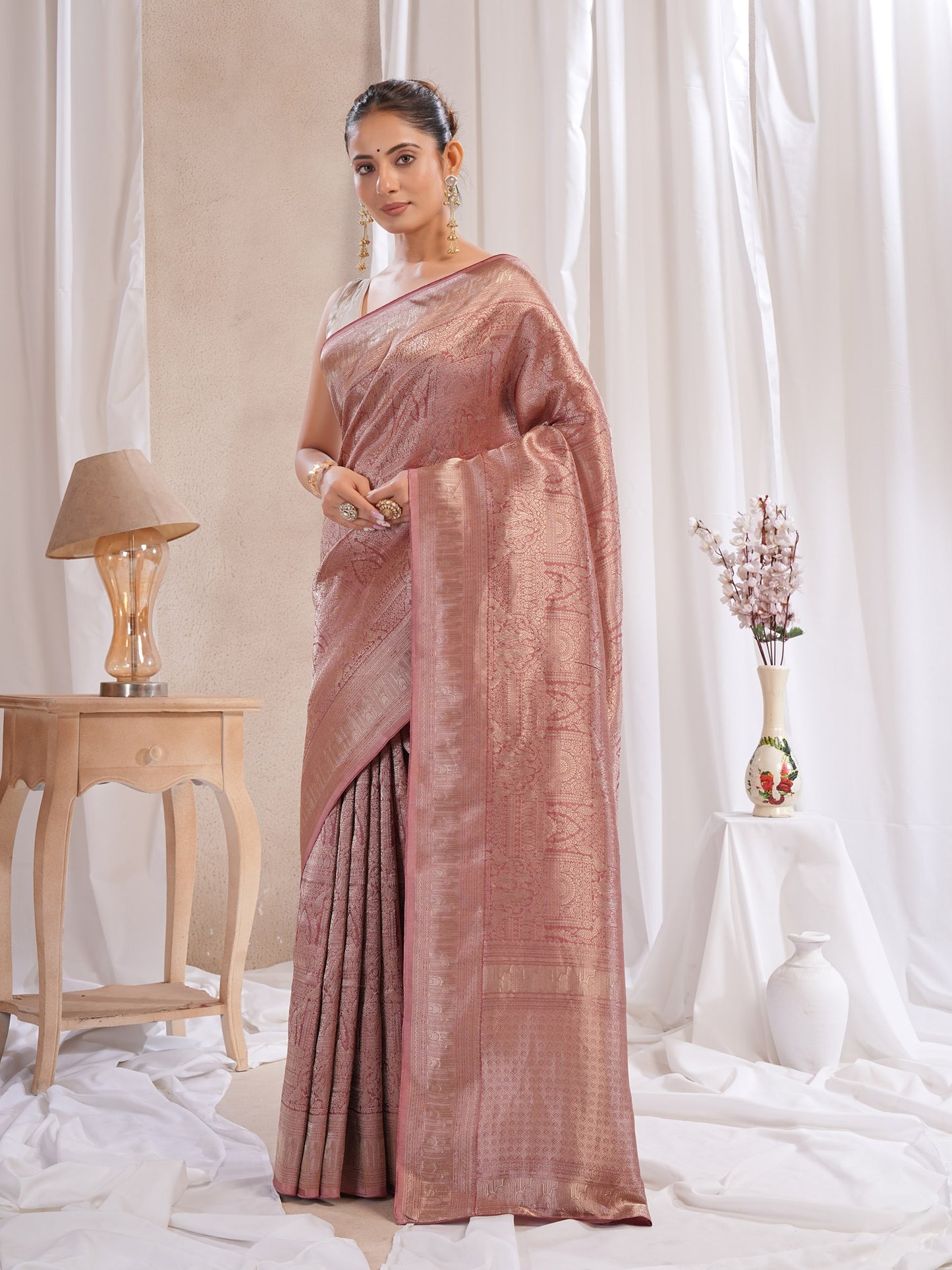 Onion Pink Banarasi Saree With Zari Borders