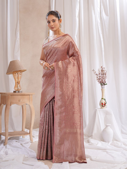 Onion Pink Banarasi Saree With Zari Borders