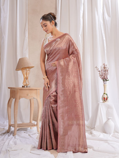 Onion Pink Banarasi Saree With Zari Borders