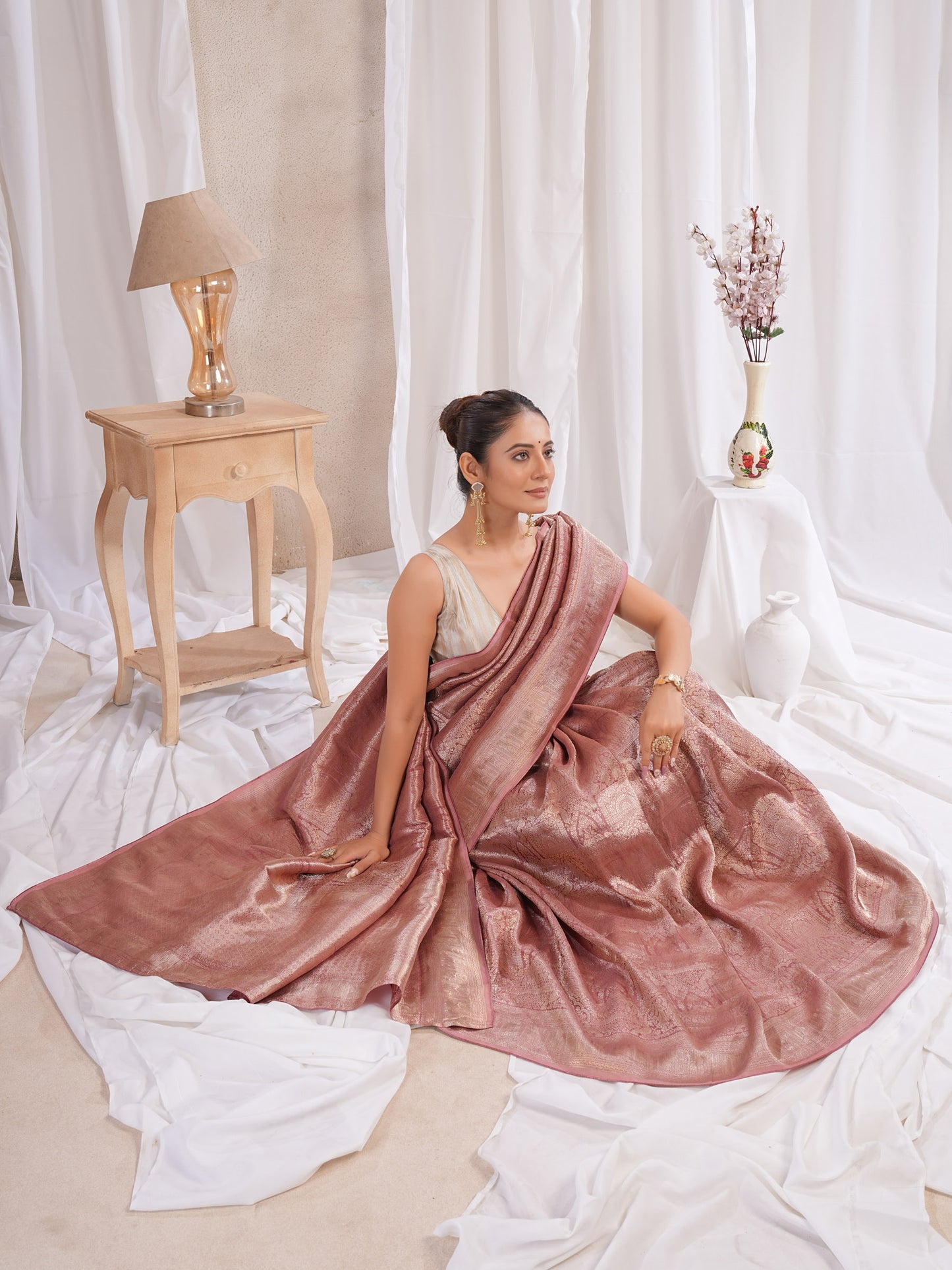 Onion Pink Banarasi Saree With Zari Borders