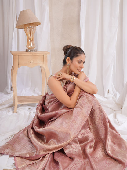 Onion Pink Banarasi Saree With Zari Borders